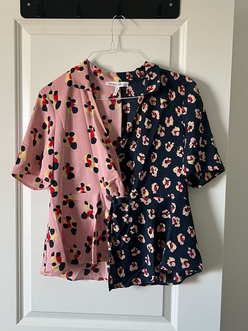 BCBGeneration Two-Tone Floral Wrap Top - Pink & Navy Leopard print